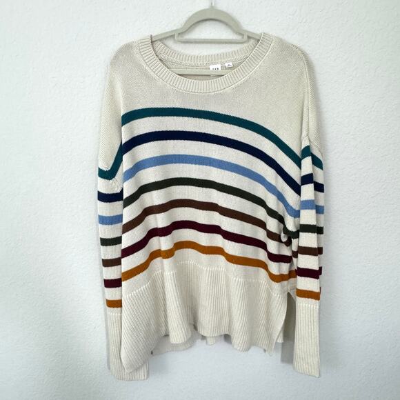 Gap Women Drop Shoulder Crew Sweater Size XL Cotton Striped Neutral Winter Beige - Picture 1 of 8